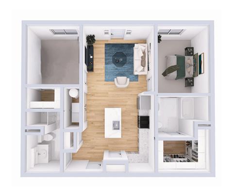 Floor plan for 1 bed, 2 baths, 916 sqft